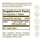 Solgar Folate 1333 MCG supplement facts and ingredient list label view.