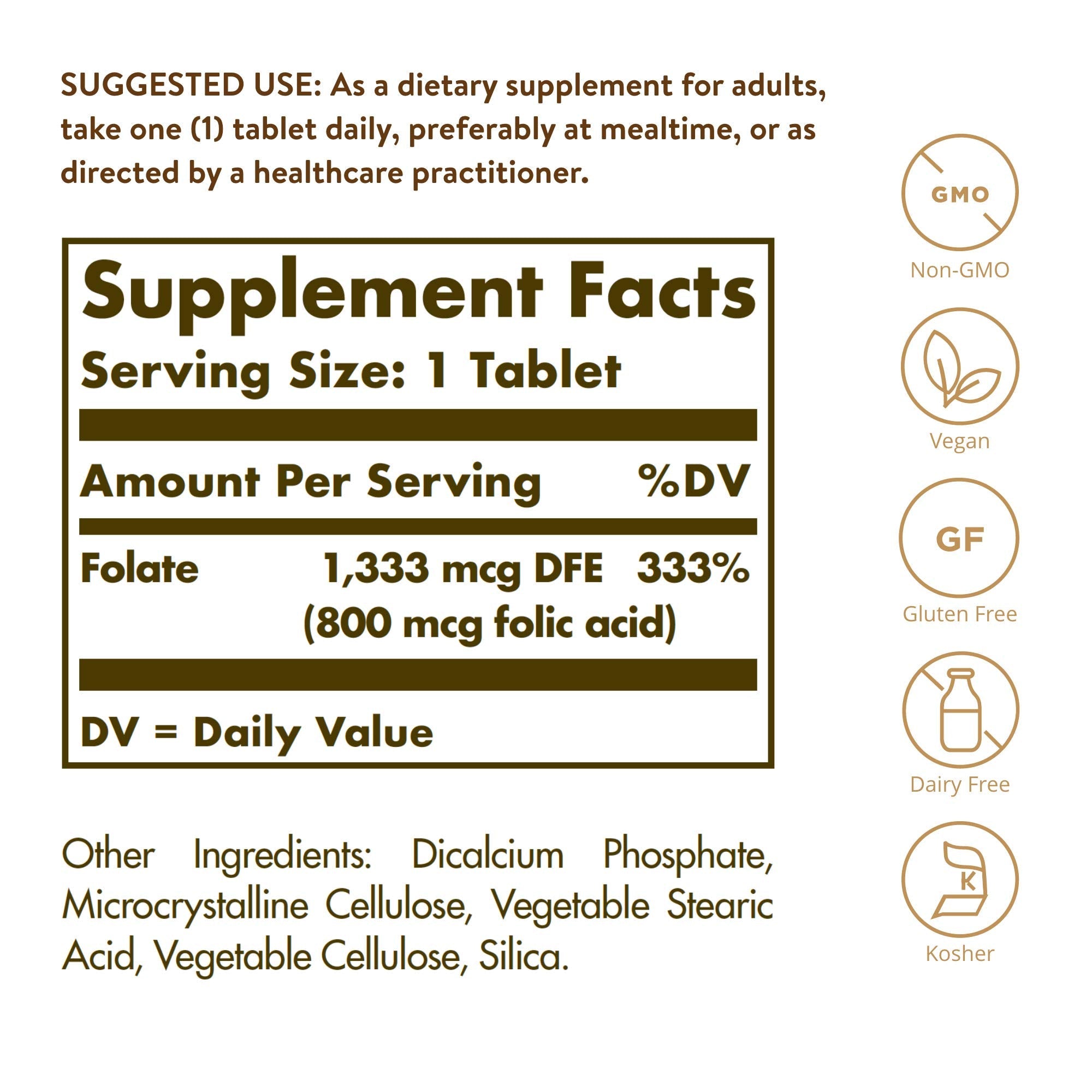 Solgar Folate 1333 MCG supplement facts and ingredient list label view.