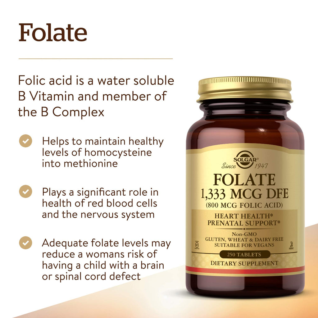 Side profile of Solgar Folate 250 vegetable tablets showing premium amber glass bottle.
