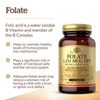 Side profile of Solgar Folate 250 vegetable tablets showing premium amber glass bottle.