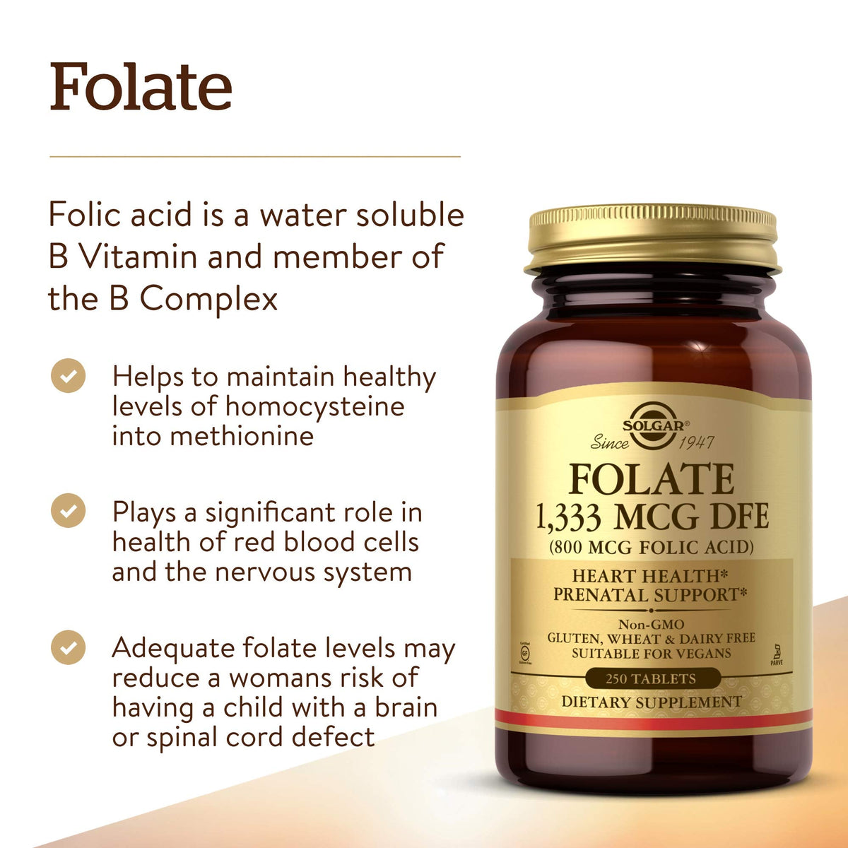 Side profile of Solgar Folate 250 vegetable tablets showing premium amber glass bottle.