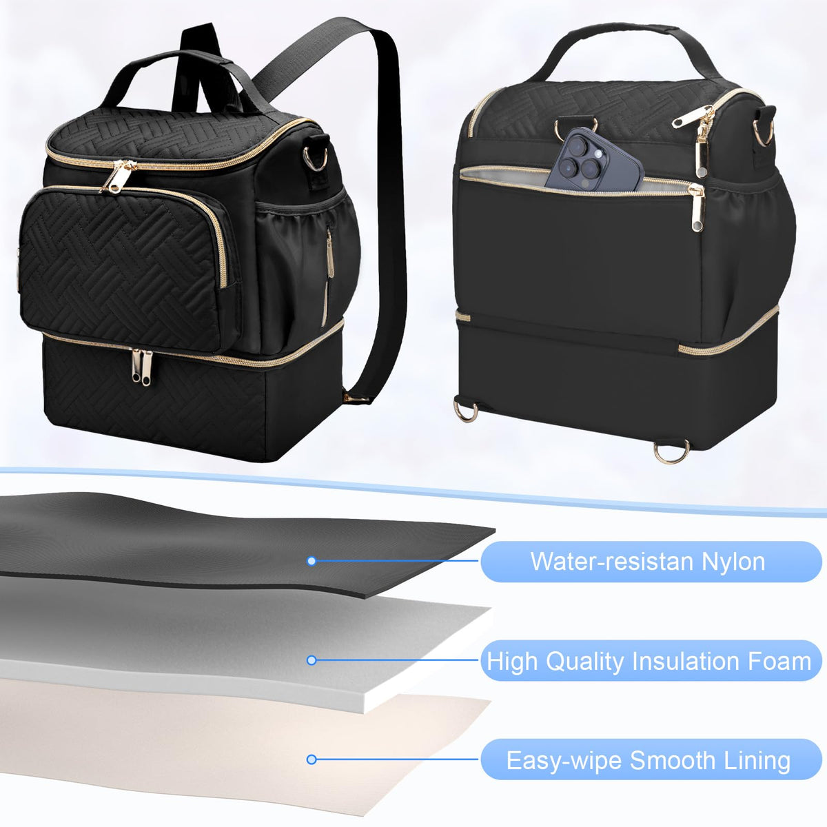 GDNasist hands-free pumping backpack attached to a baby stroller using top carabiner
