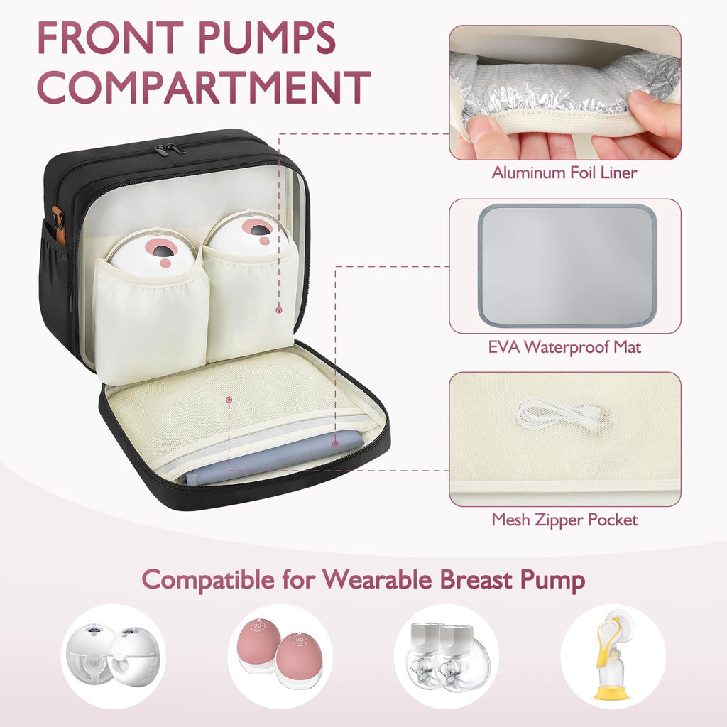 HavenMinds insulated travel bag top section showcasing storage space for wearable breast pumps.