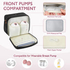HavenMinds insulated travel bag top section showcasing storage space for wearable breast pumps.
