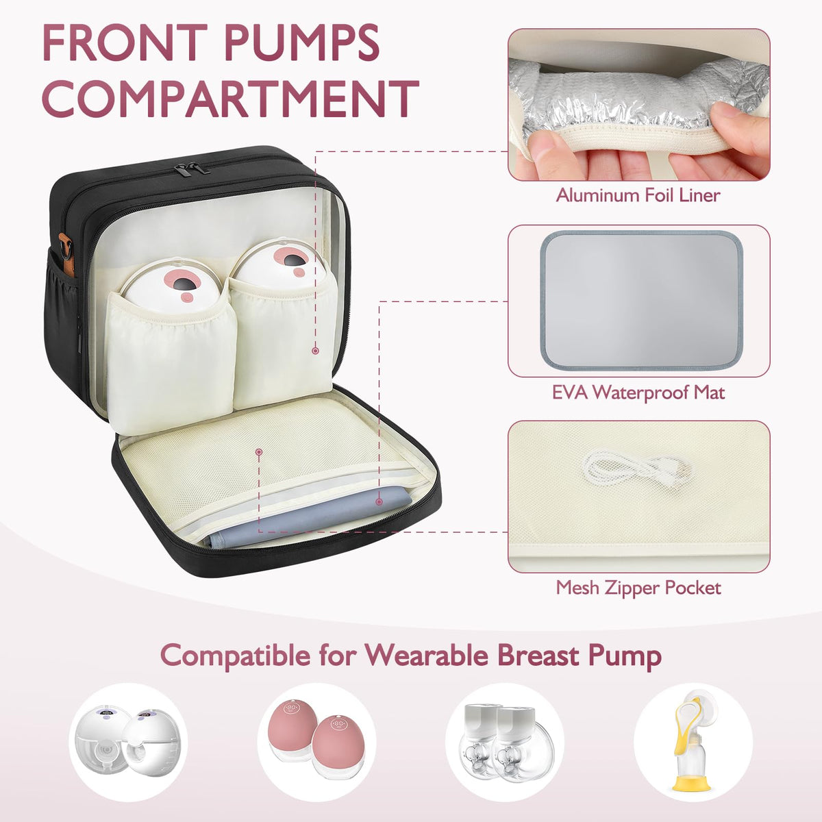 HavenMinds insulated travel bag top section showcasing storage space for wearable breast pumps.