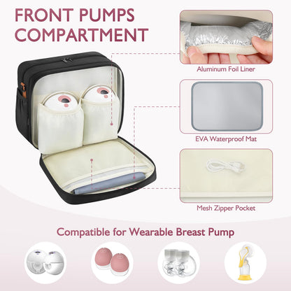 HavenMinds insulated travel bag top section showcasing storage space for wearable breast pumps.