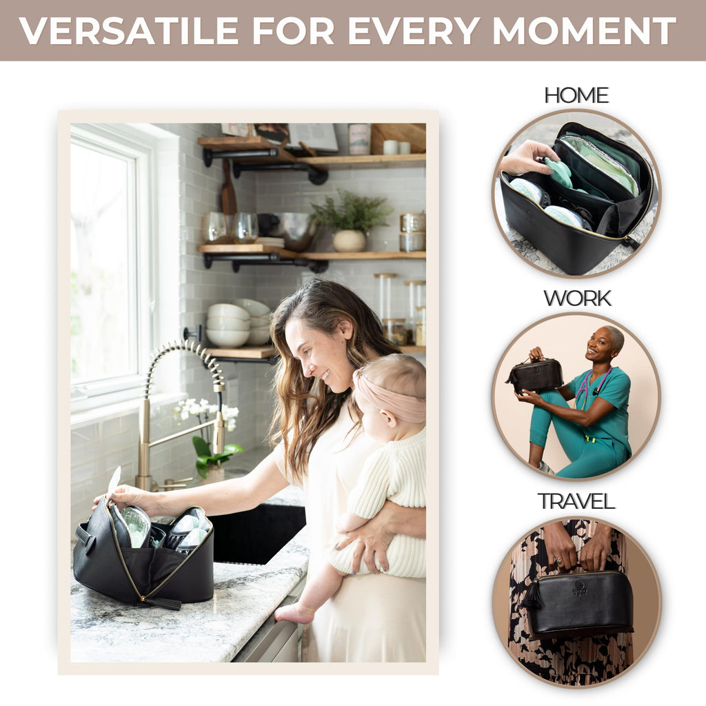 Sonny & Sloane premium vegan leather breast pump travel bag showing the top tote handle and structured compact design.