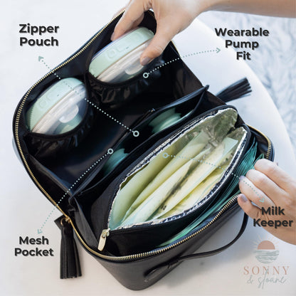 Open view of the Sonny & Sloane wearable breast pump carrying case displaying internal mesh pockets and waterproof lining.