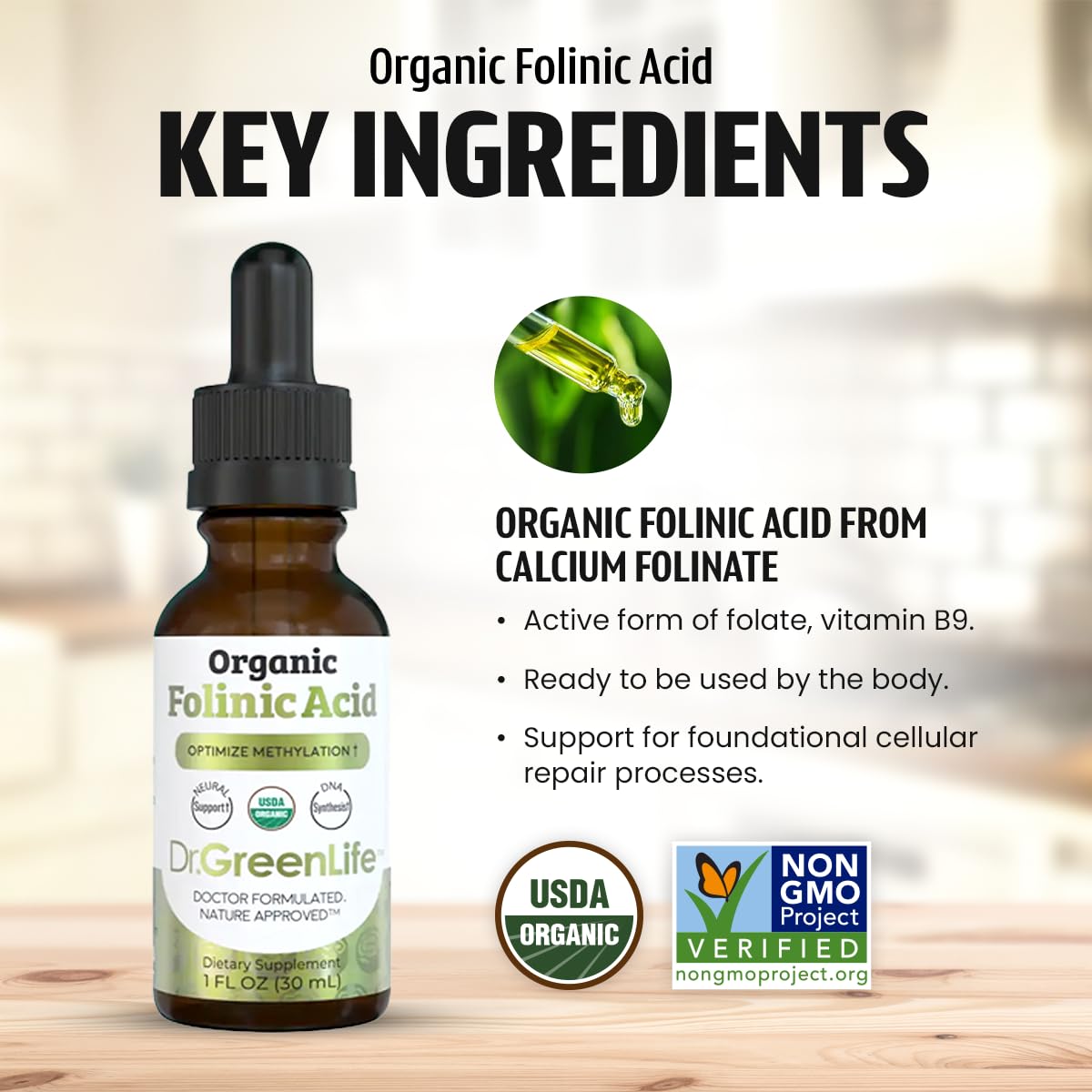 Authentic American imported organic folinic acid liquid drops unflavored base