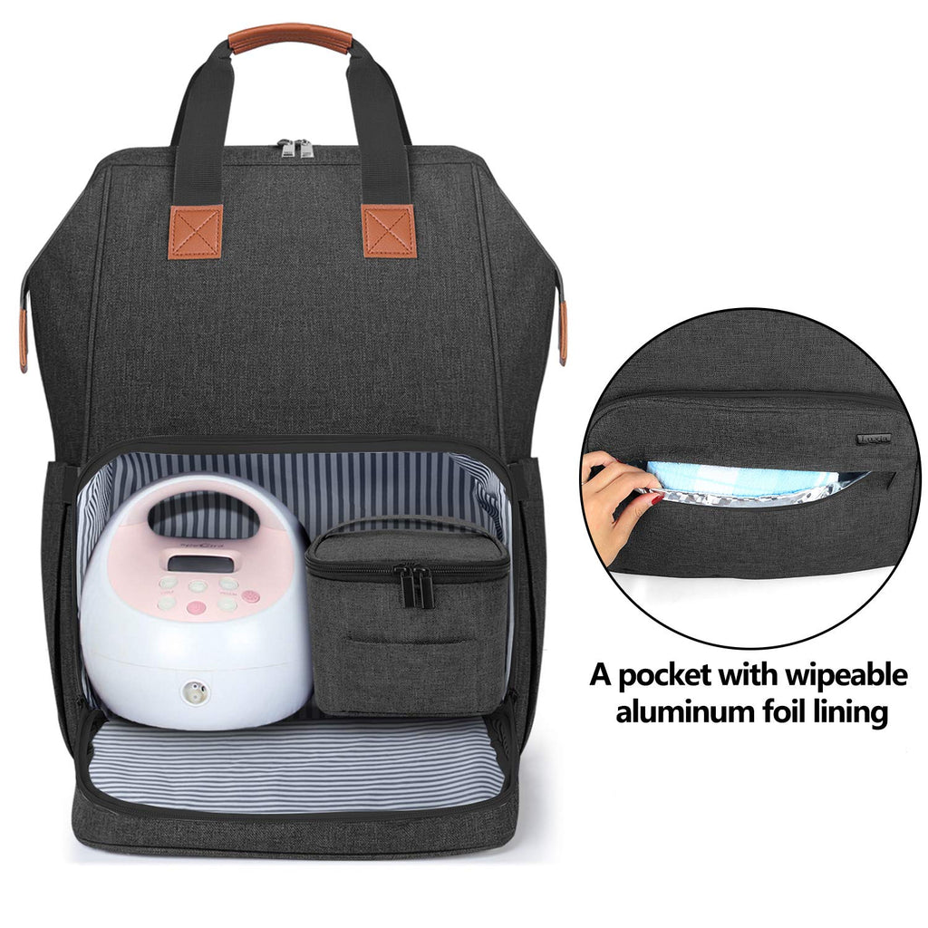 Luxja breast pump backpack showing open front compartment with pump storage space.