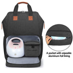 Luxja breast pump backpack showing open front compartment with pump storage space.