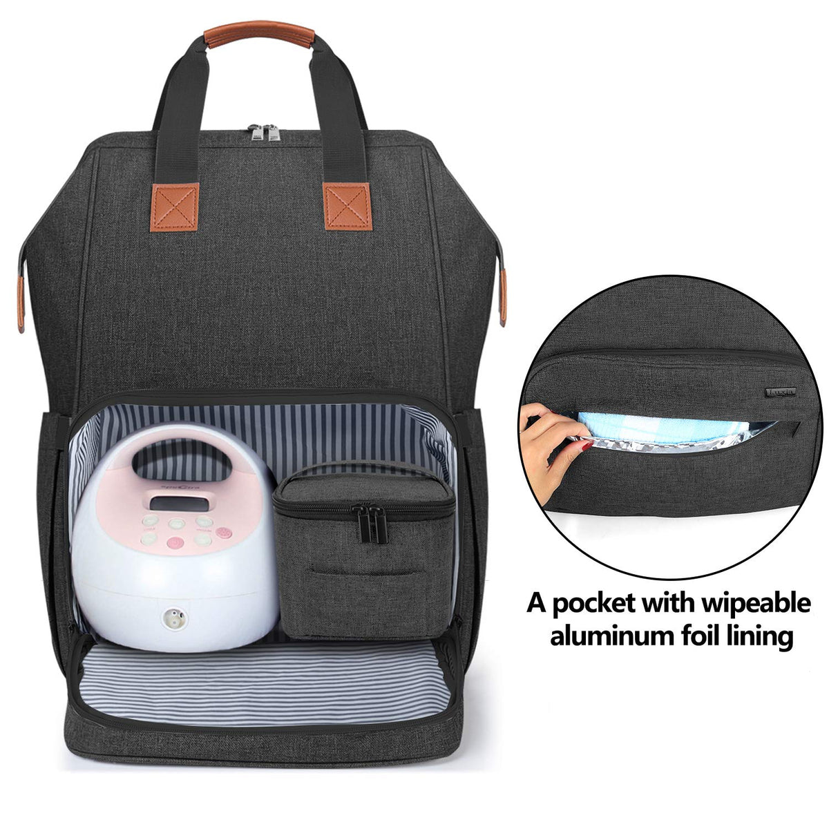 Luxja breast pump backpack showing open front compartment with pump storage space.