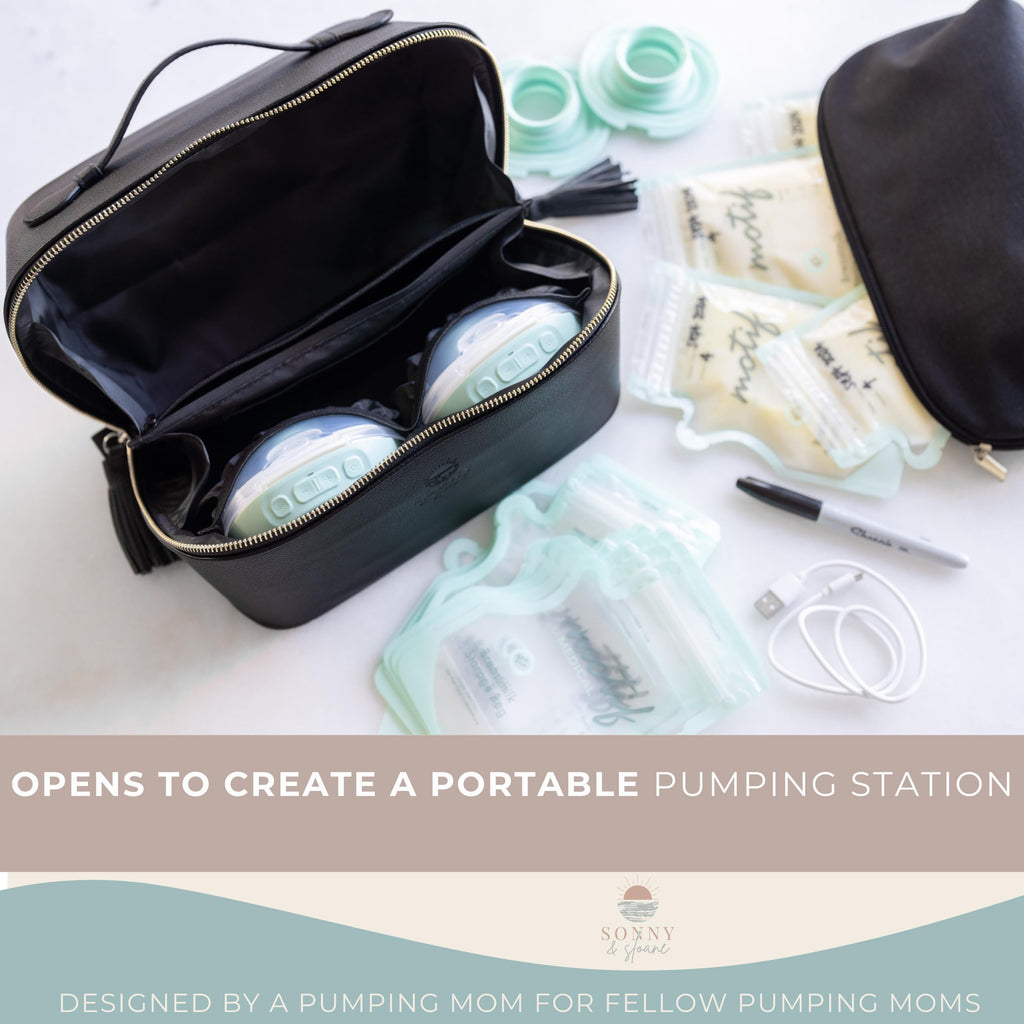 Sonny & Sloane compact travel bag for mothers demonstrating spacious organization for hands-free pump accessories.