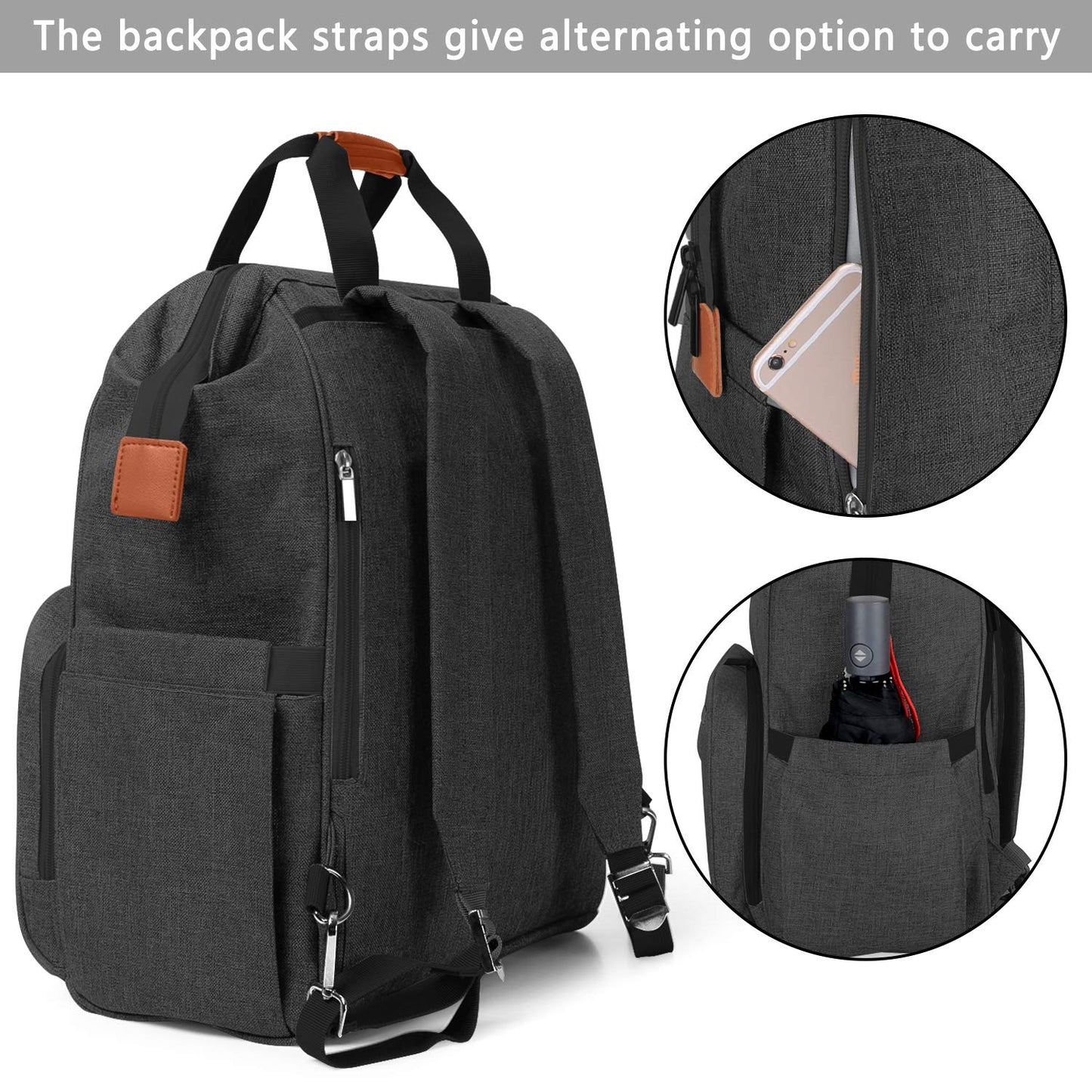 Luxja utility nursing backpack with fully unzipped top showing striped lining.