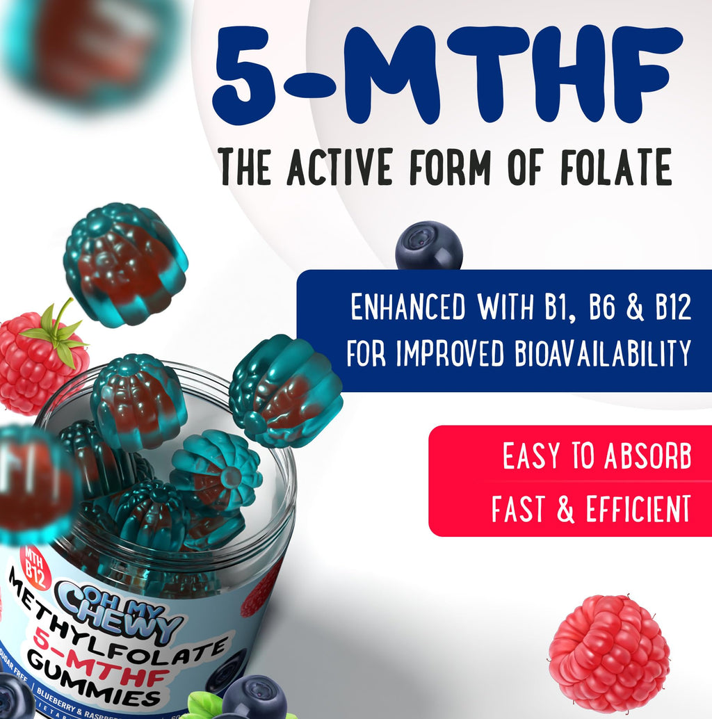 OH MY CHEWY chewable 5 MTHF L methylfolate vitamin gummies container showcasing allergy safe certifications