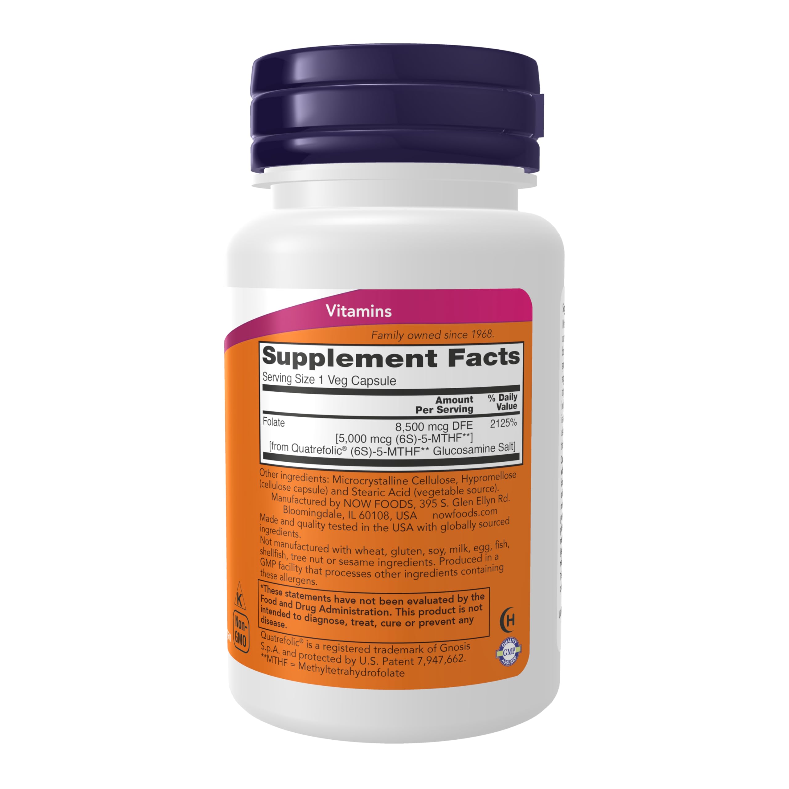 NOW Foods Methyl Folate 50 vegetarian capsules supplement facts and ingredient list label