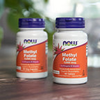 NOW Foods high potency methylfolate bottle displaying the non-GMO and vegan product icons