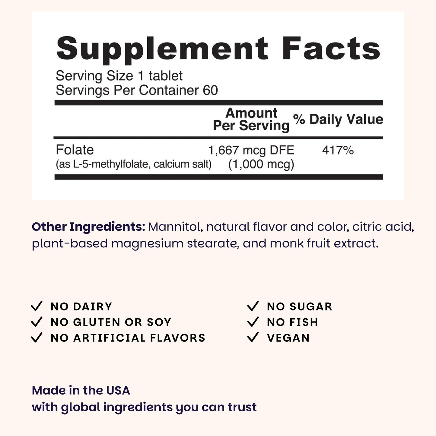 Back label nutrition facts of EZ Melts fast melting L-Methylfolate dietary supplement