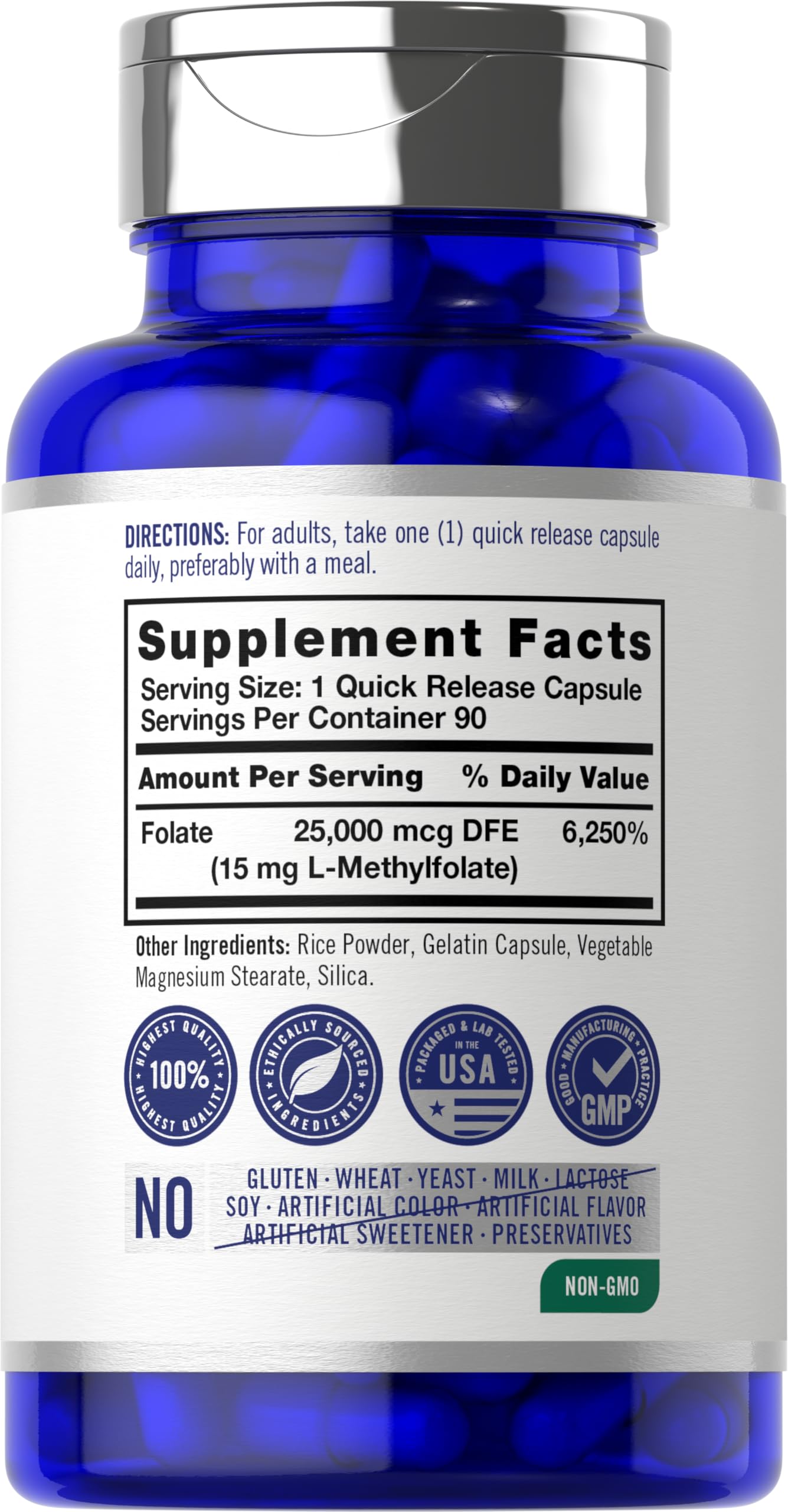 Carlyle five MTHF active folate supplement nutritional facts panel on the back of the bottle