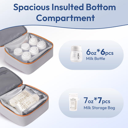 NCVI breast pump storage backpack being worn by a working mother in an office setting