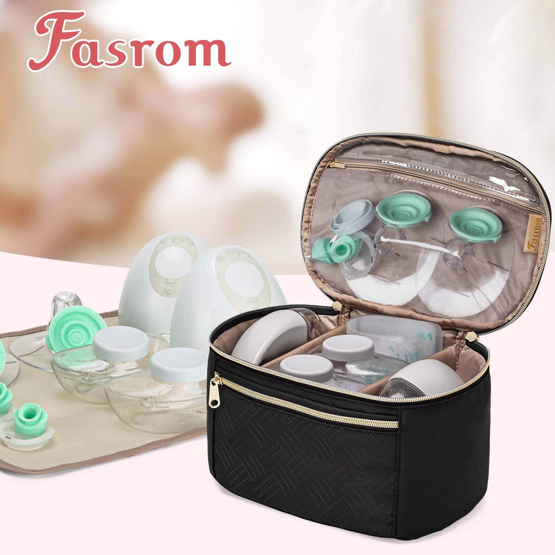 Fasrom black maternity organizer bag showing heavy duty padded lining close up