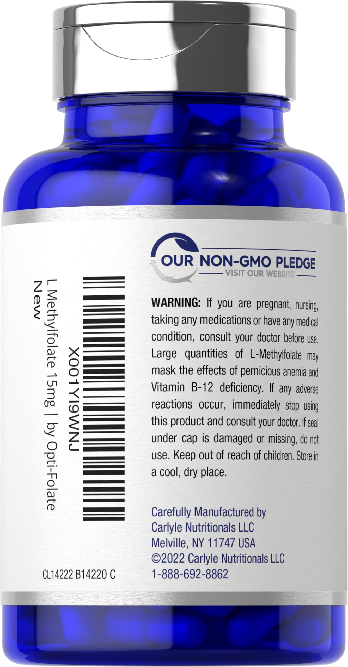 Carlyle Opti Folate premium vitamin B9 capsules layout showing capsule size and form