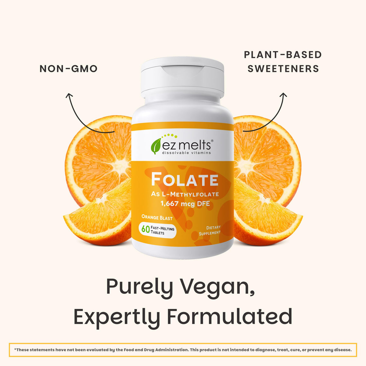 Side view of EZ Melts non-GMO vegan and dairy-free dissolvable dietary supplement