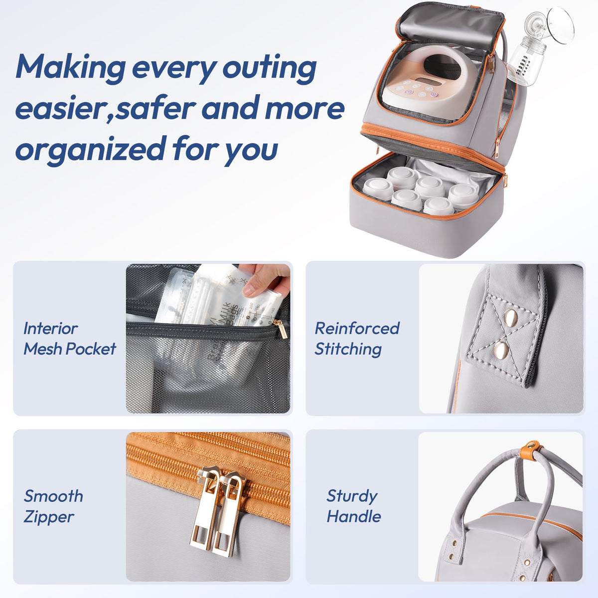 NCVI travel pump bag attached securely to the handle of a rolling suitcase luggage