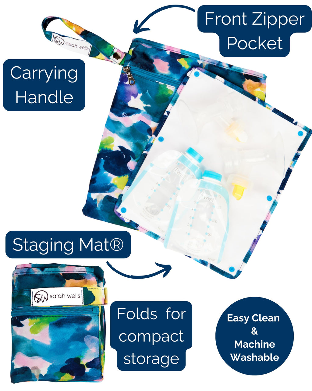 Sarah Wells Pumparoo compact organizer unfolded showing the attached waterproof staging mat