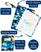 Sarah Wells Pumparoo compact organizer unfolded showing the attached waterproof staging mat