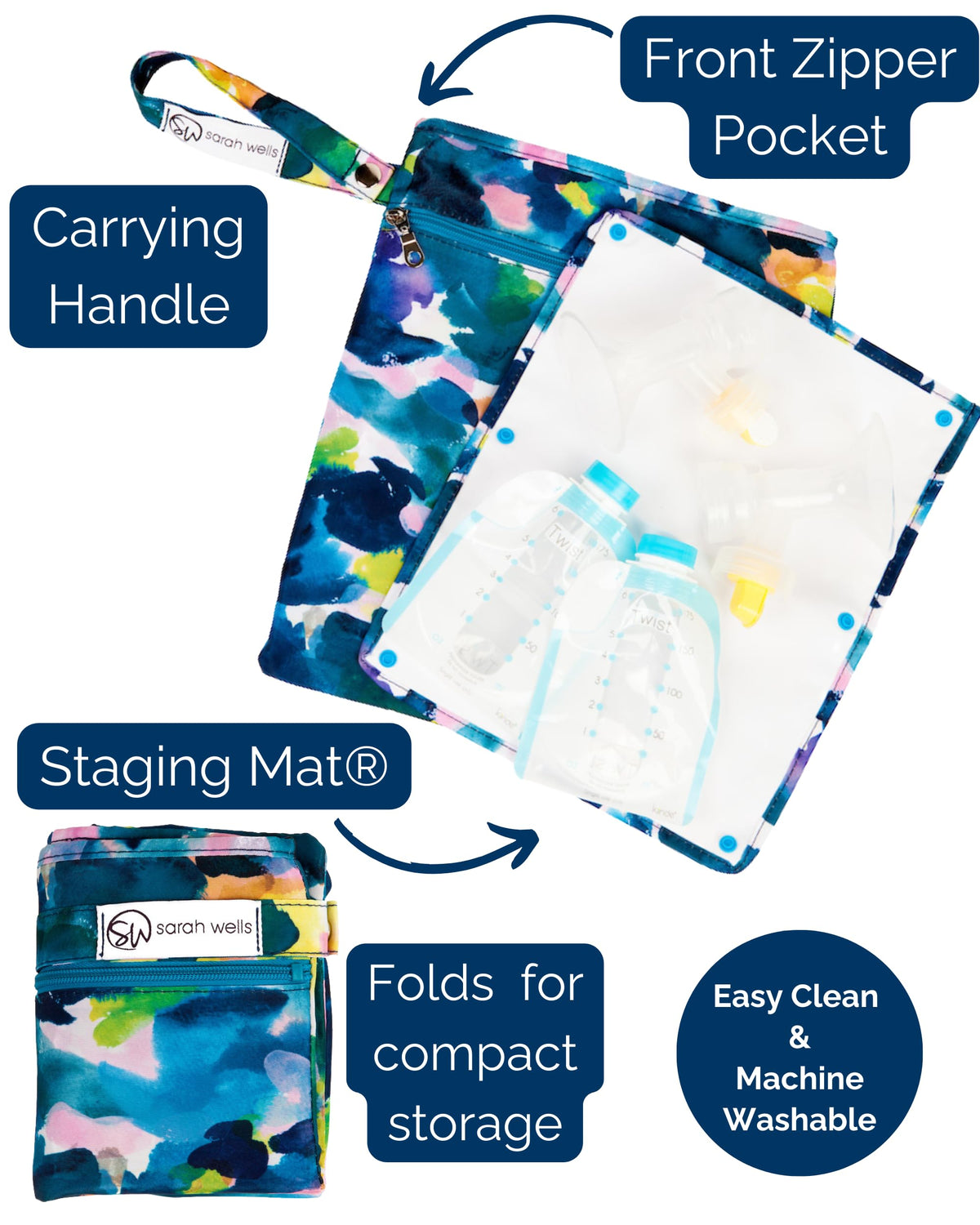 Sarah Wells Pumparoo compact organizer unfolded showing the attached waterproof staging mat