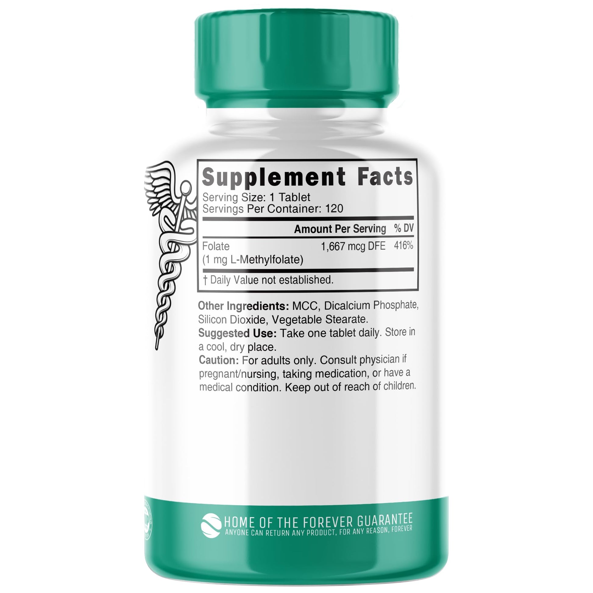 Side view of Nature's Fusions Methylated Folate supplement bottle highlighting the premium vitamin B9 benefits for prenatal and heart care.