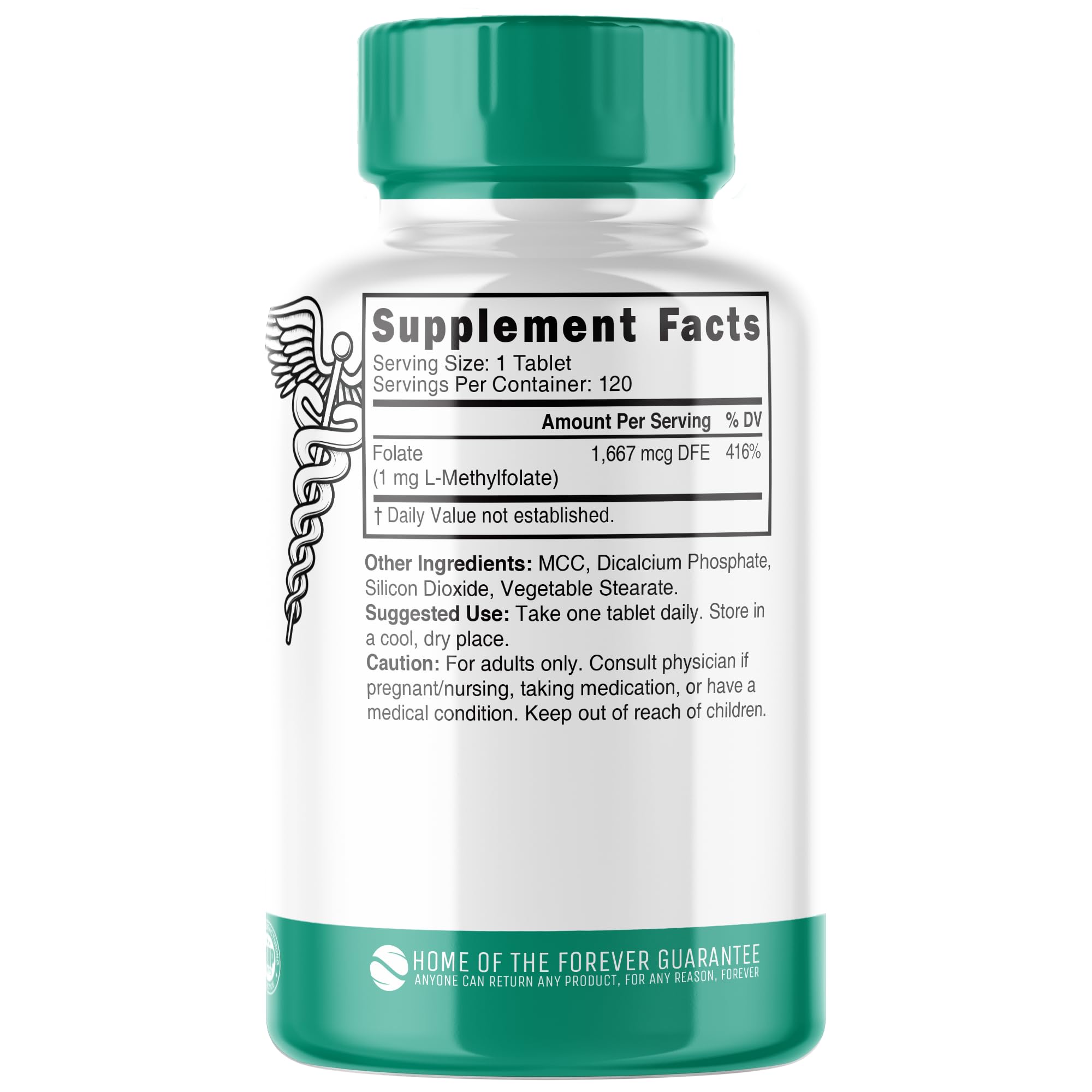 Side view of Nature's Fusions Methylated Folate supplement bottle highlighting the premium vitamin B9 benefits for prenatal and heart care.
