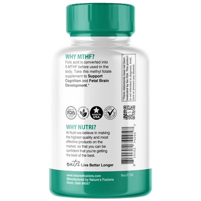 Close-up of the supplement facts and active ingredients section on the back of the Nature's Fusions 5-MTHF 1 milligram bottle.