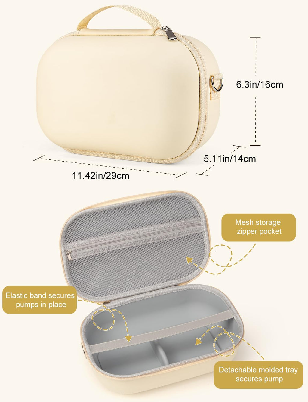 Bjabtan portable pump organizer highlighting interior mesh pocket filled with charging cables and nipple cream