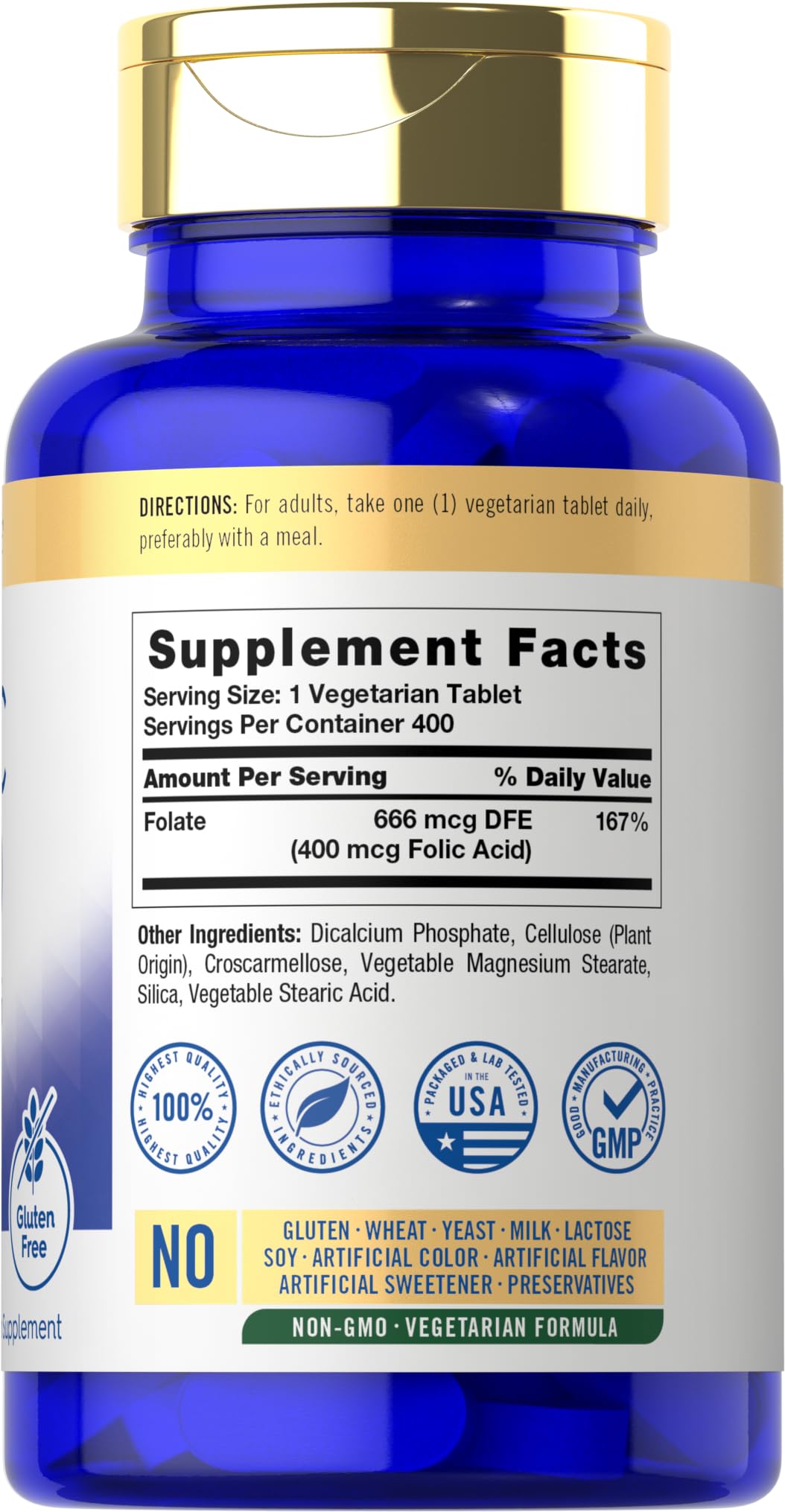 Carlyle Vitamin B9 400 vegetarian tablets packaging showing non-GMO labels