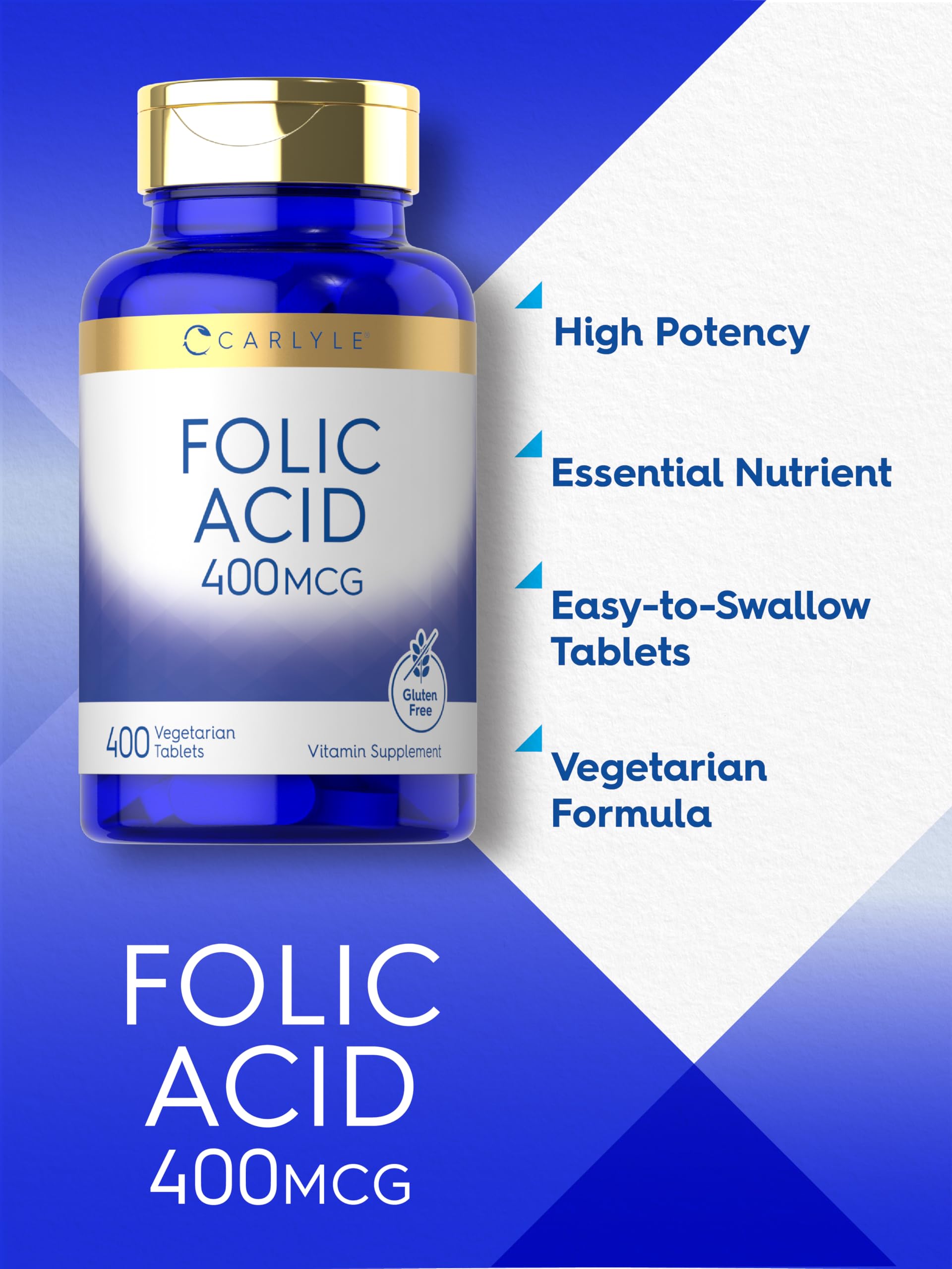Close-up of the dietary facts panel on Carlyle Folic Acid four hundred tablets bottle