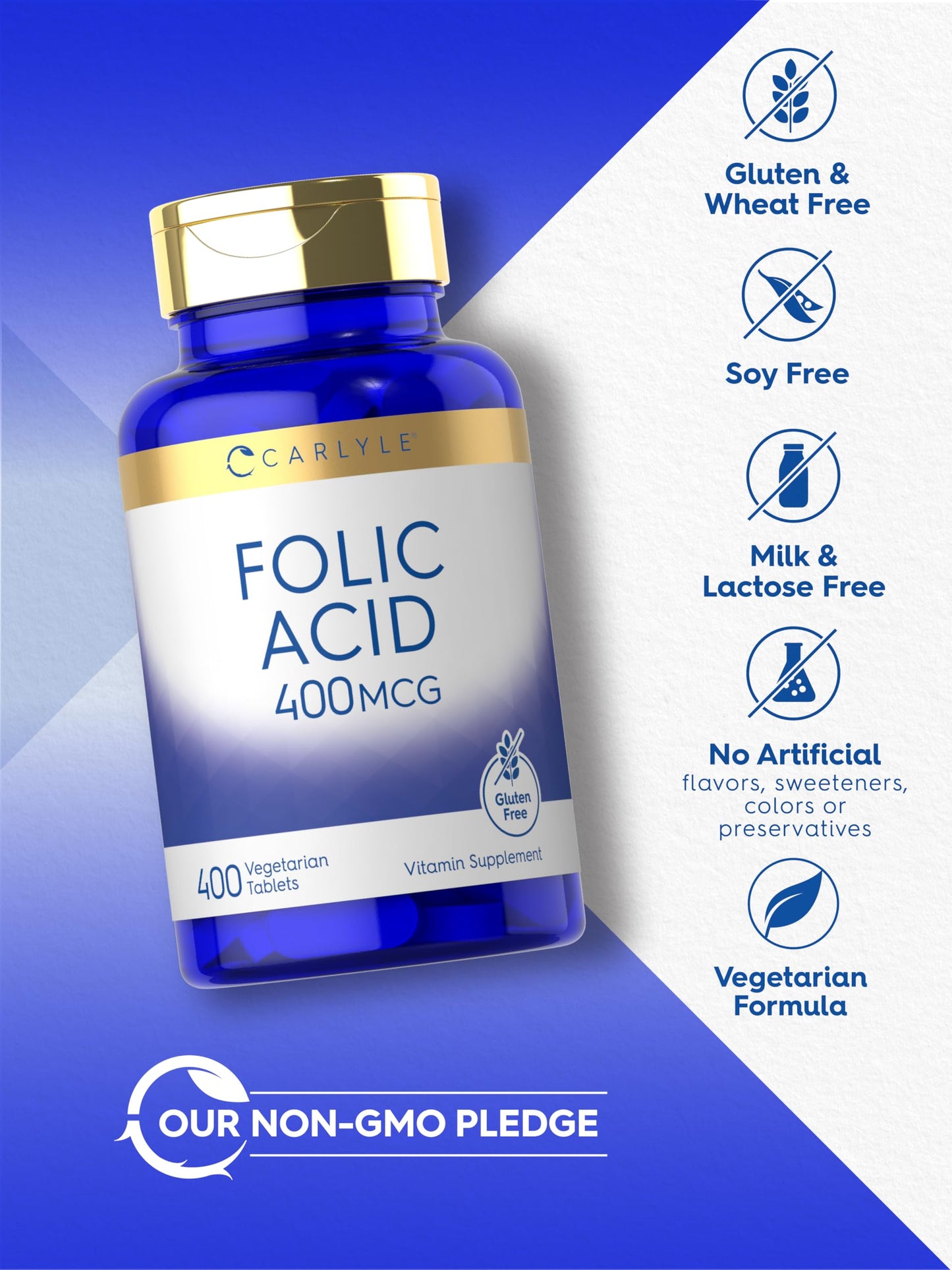 Carlyle Folic Acid 400 Micrograms vegetarian tablets bottle for maternal health care