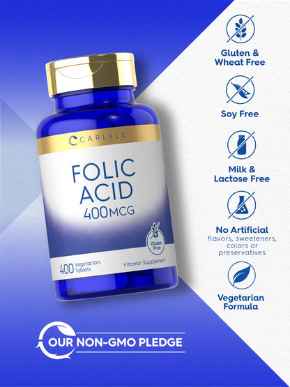 Carlyle Folic Acid 400 Micrograms vegetarian tablets bottle for maternal health care