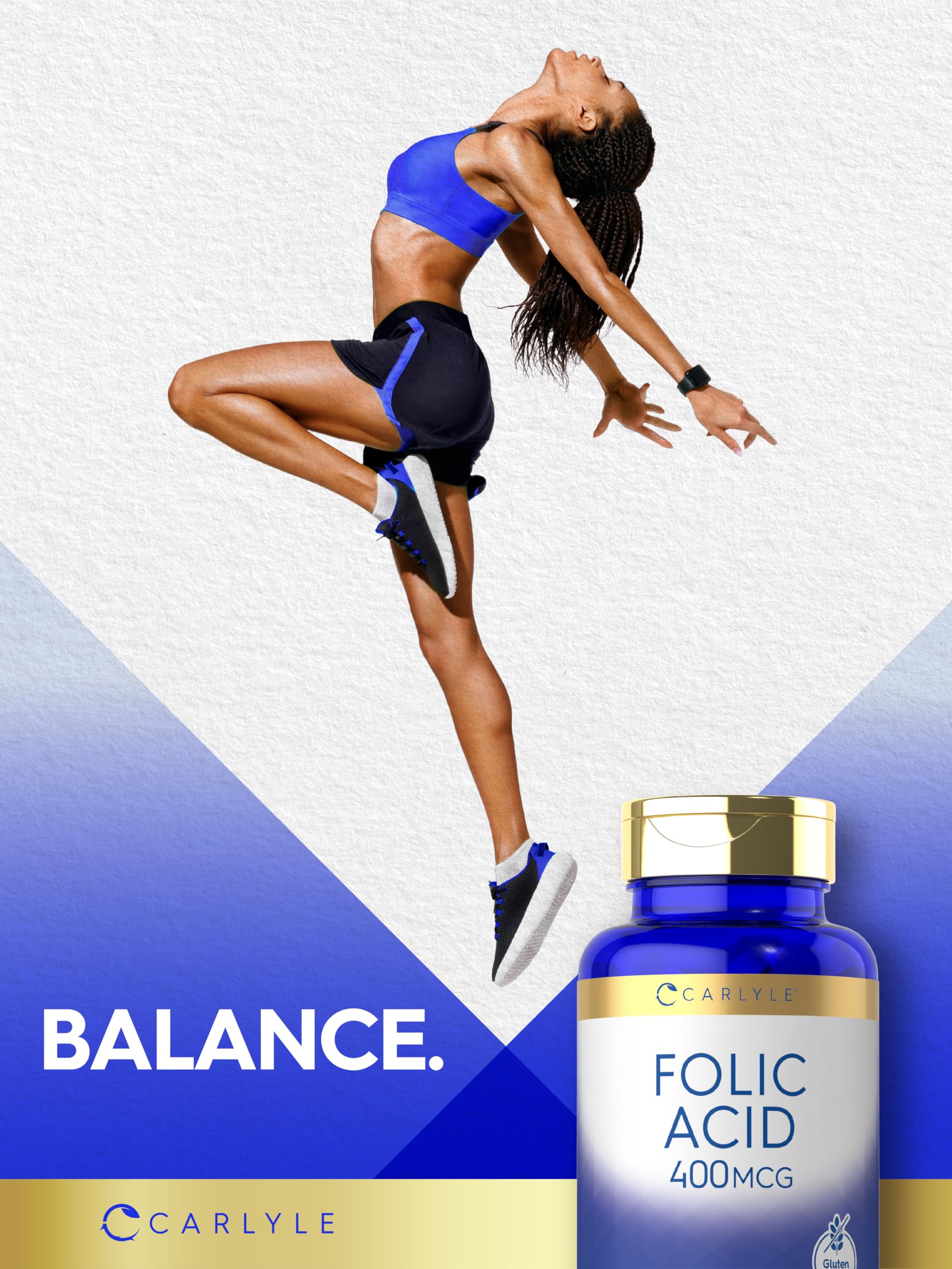 Side angle of gluten-free Carlyle Folic Acid prenatal support supplement container