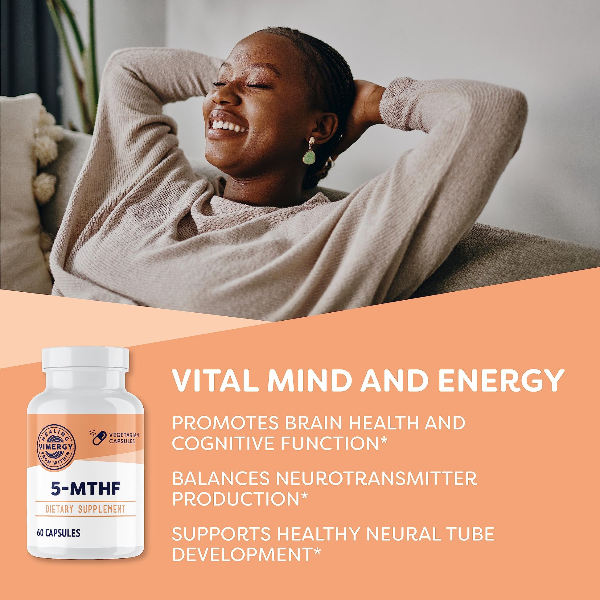 Vimergy 5-MTHF and vitamin B12 supplement facts label close up