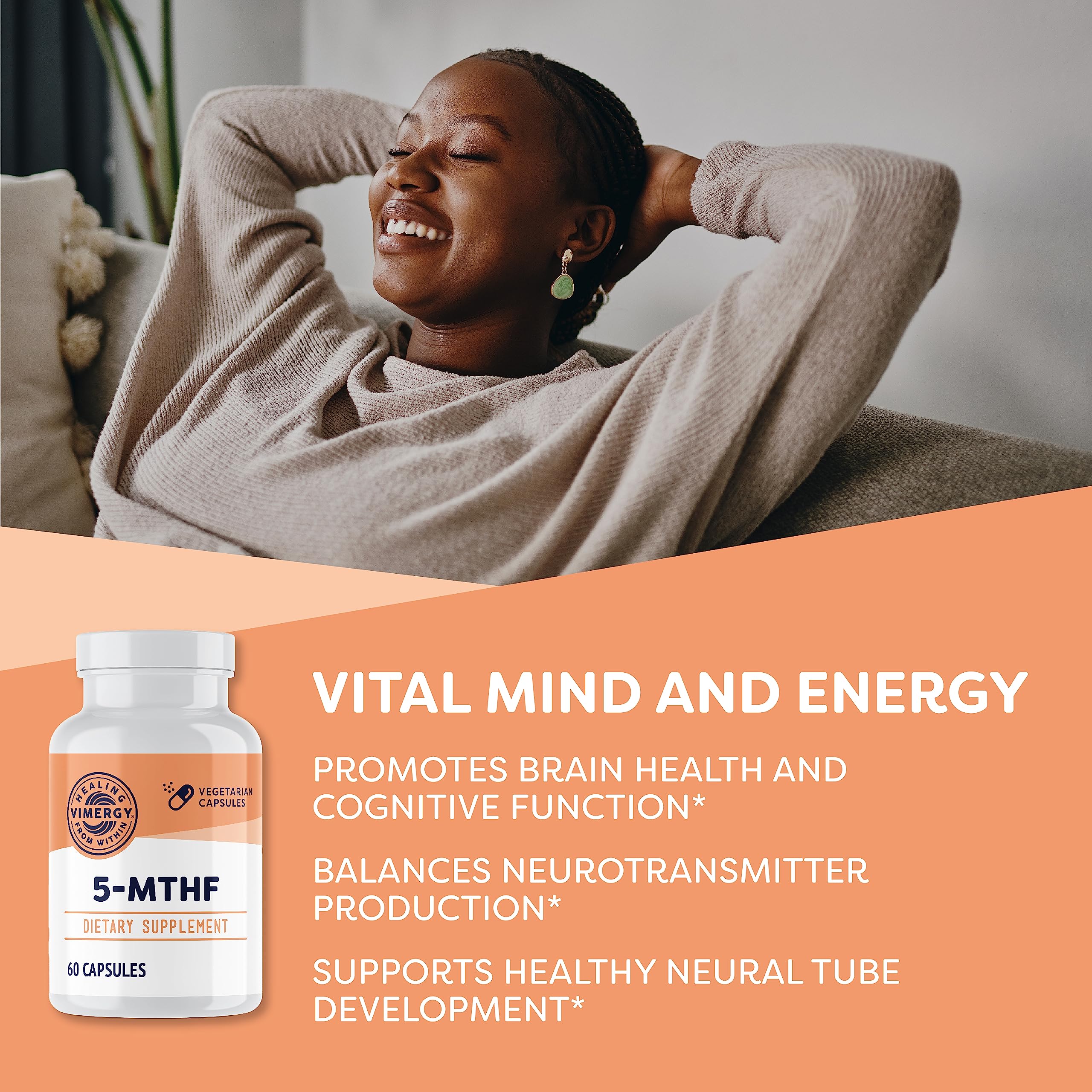 Vimergy 5-MTHF and vitamin B12 supplement facts label close up