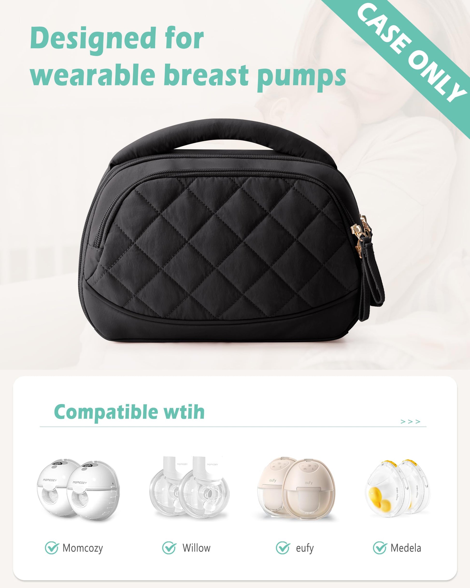 Open top compartment of portable pumping bag revealing mesh pockets and organized wireless pump parts