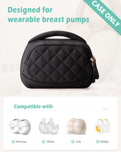 Open top compartment of portable pumping bag revealing mesh pockets and organized wireless pump parts