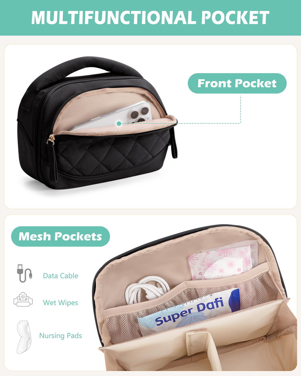 Lower insulated thermal cooler section of breast pump carrying case filled with milk bottles