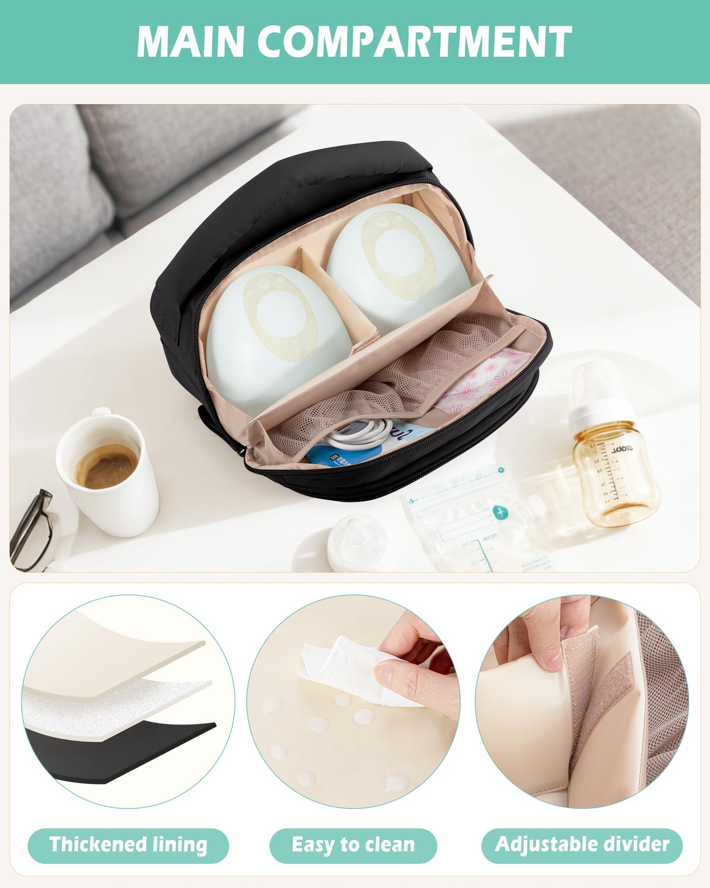 Side profile view of compact hands free breast pump travel case highlighting sturdy top handle