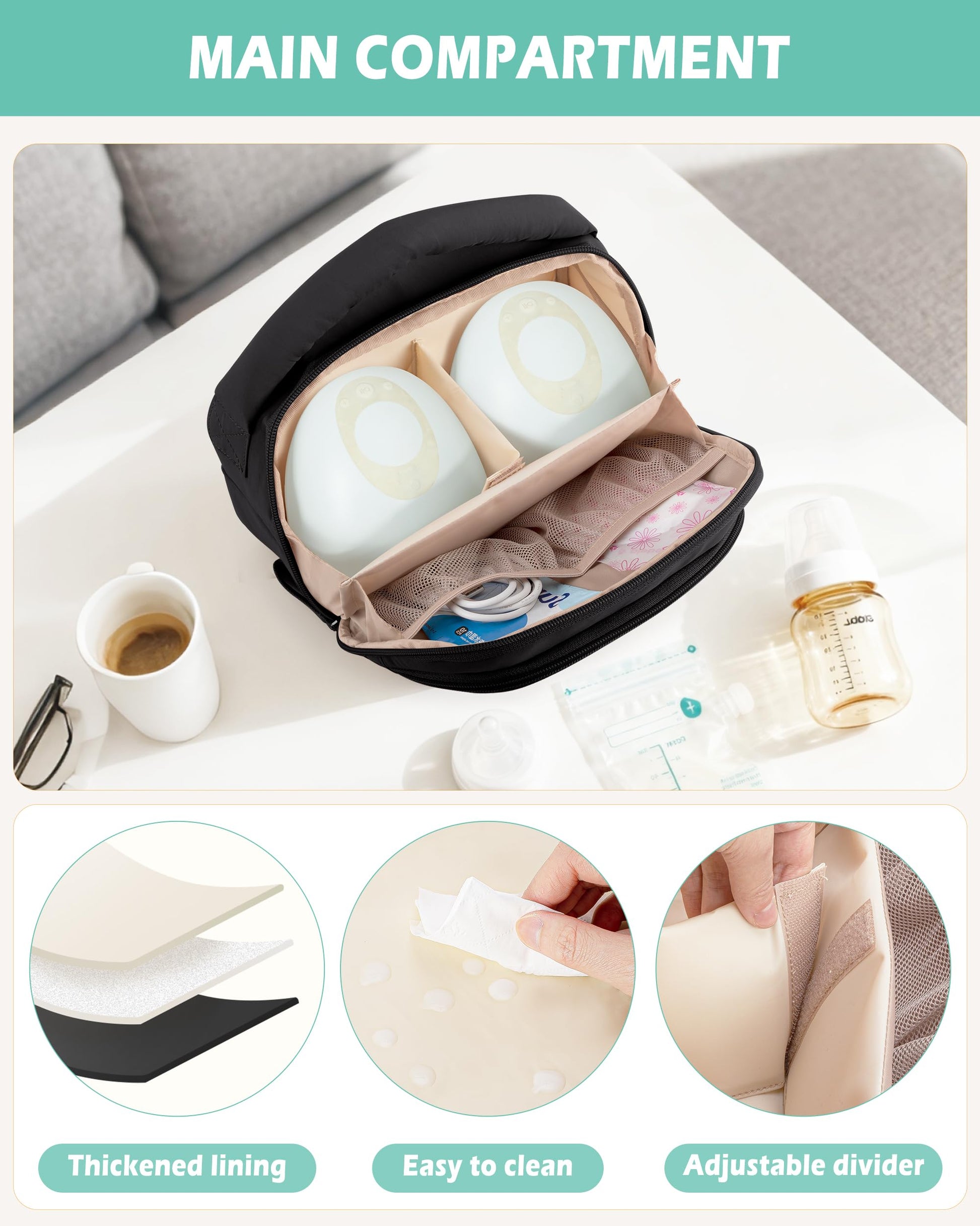 Side profile view of compact hands free breast pump travel case highlighting sturdy top handle