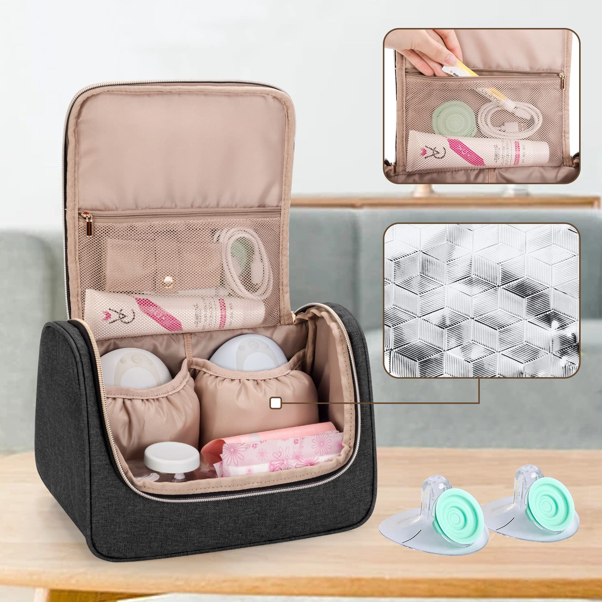LUXJA breast pump travel storage case opened showing two internal insulated pouches