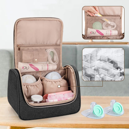 LUXJA breast pump travel storage case opened showing two internal insulated pouches
