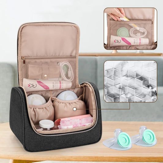 LUXJA breast pump travel storage case opened showing two internal insulated pouches